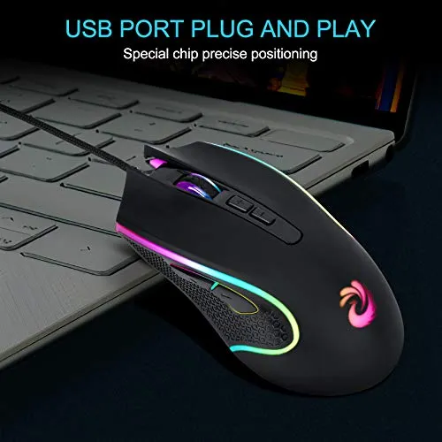 aMZCaSE Wired Mouse - Black, USB, 7200 DPI, 4 Lighting Mode, Plug and Play, Ergonomic Design, Compatible with Windows/Mac
