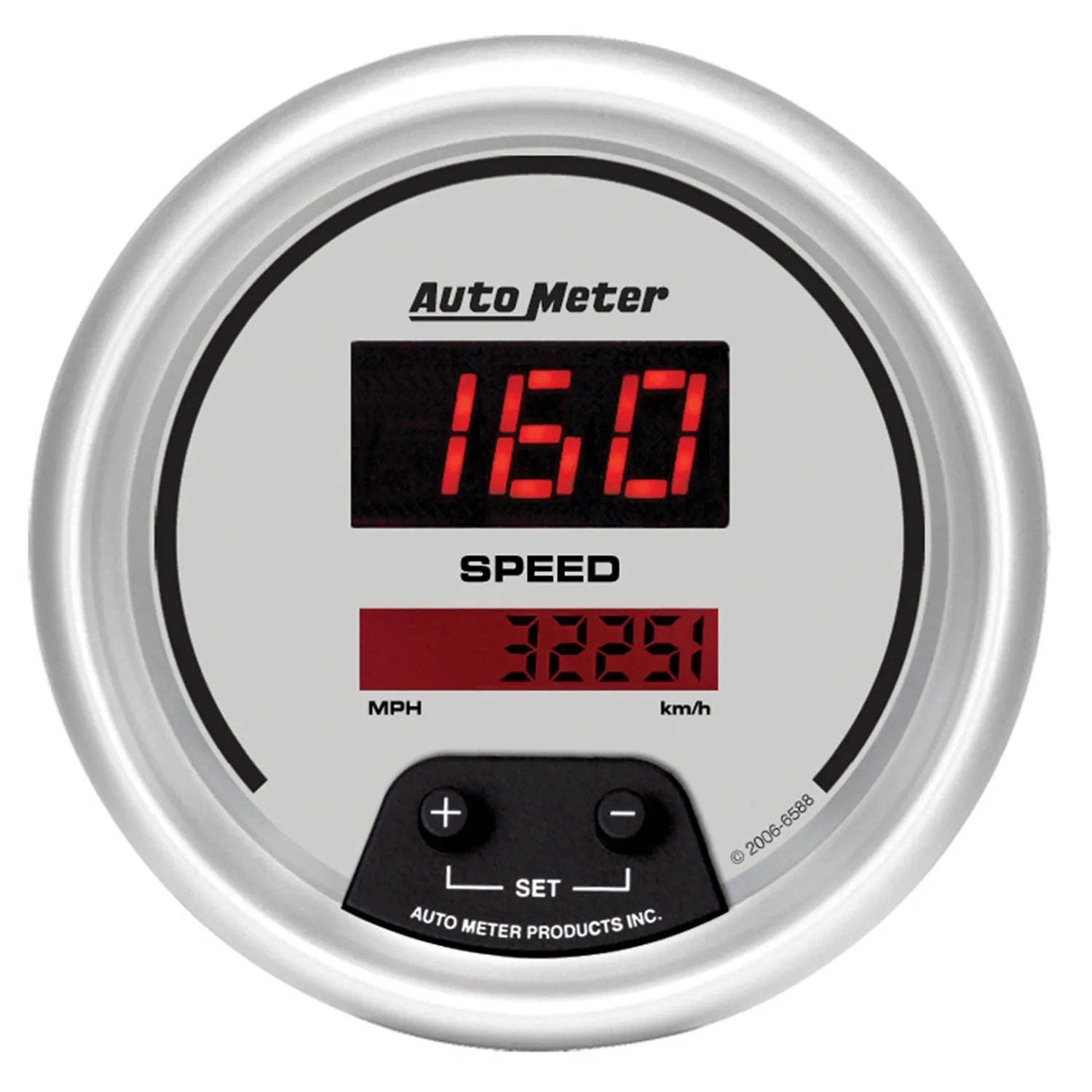AutoMeter 6588 GAUGE; SPEEDO; 3 3/8in.; 260MPH/260KM/H; ELEC PROGRAM; DIGITAL; SLVR W/RED LED