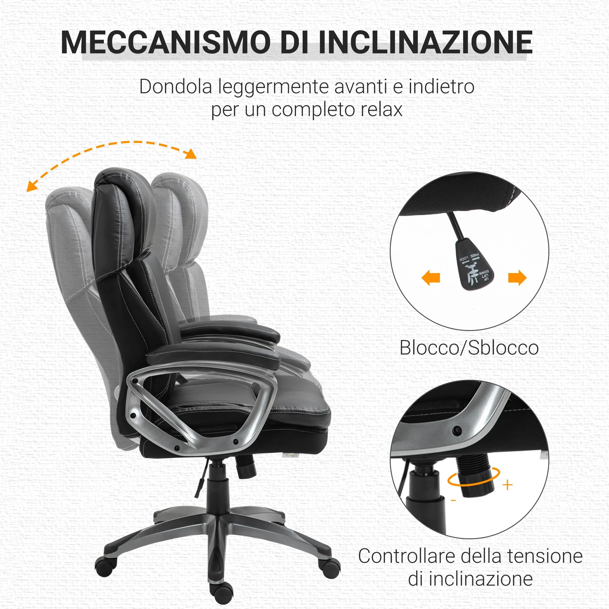 Easycomfort Poltrona da Ufficio Ergonomica con Poggiatesta, Altezza Regolabile e Dondolo, Sedia Girevole con Ruote, 68x76x117-125cm, Nero