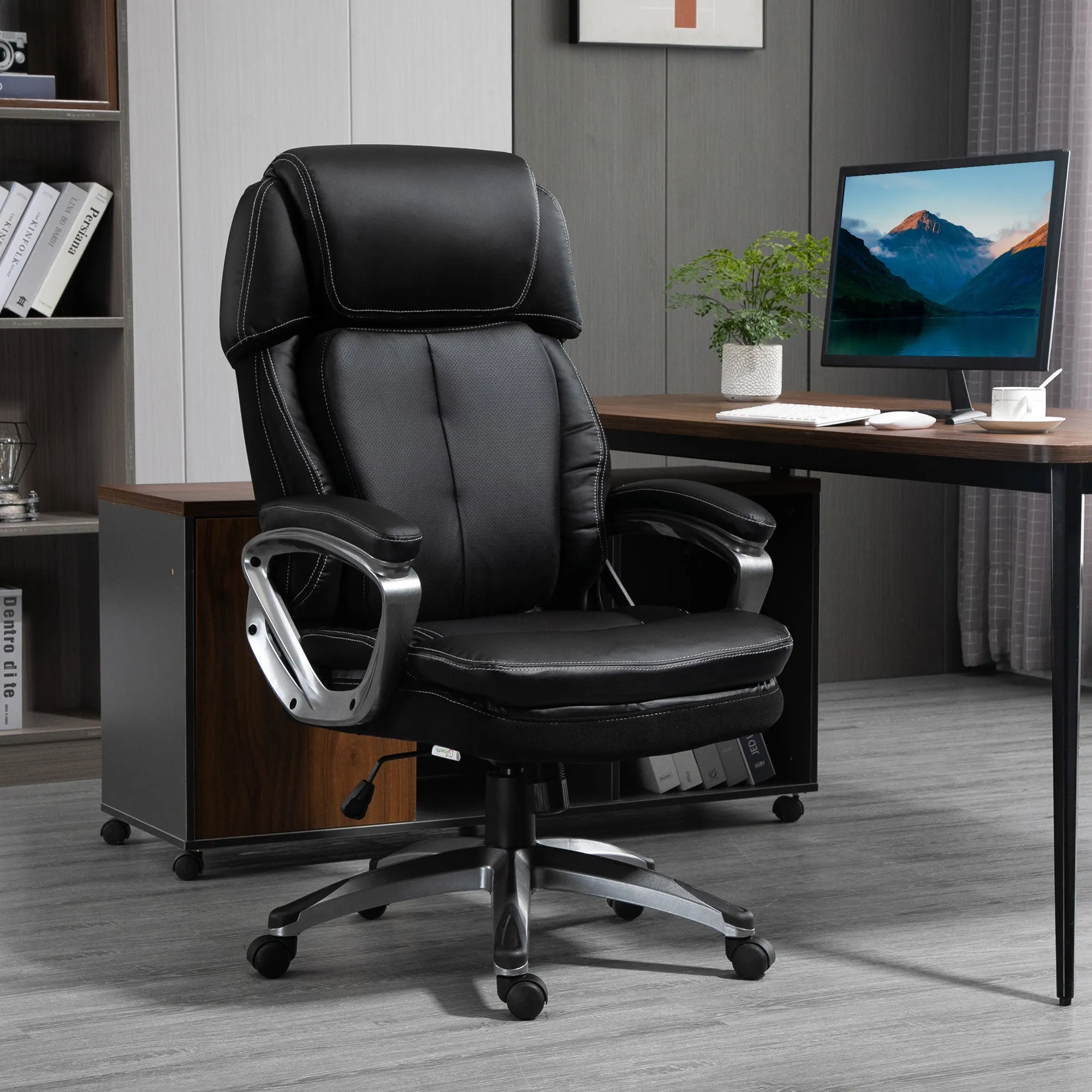Easycomfort Poltrona da Ufficio Ergonomica con Poggiatesta, Altezza Regolabile e Dondolo, Sedia Girevole con Ruote, 68x76x117-125cm, Nero