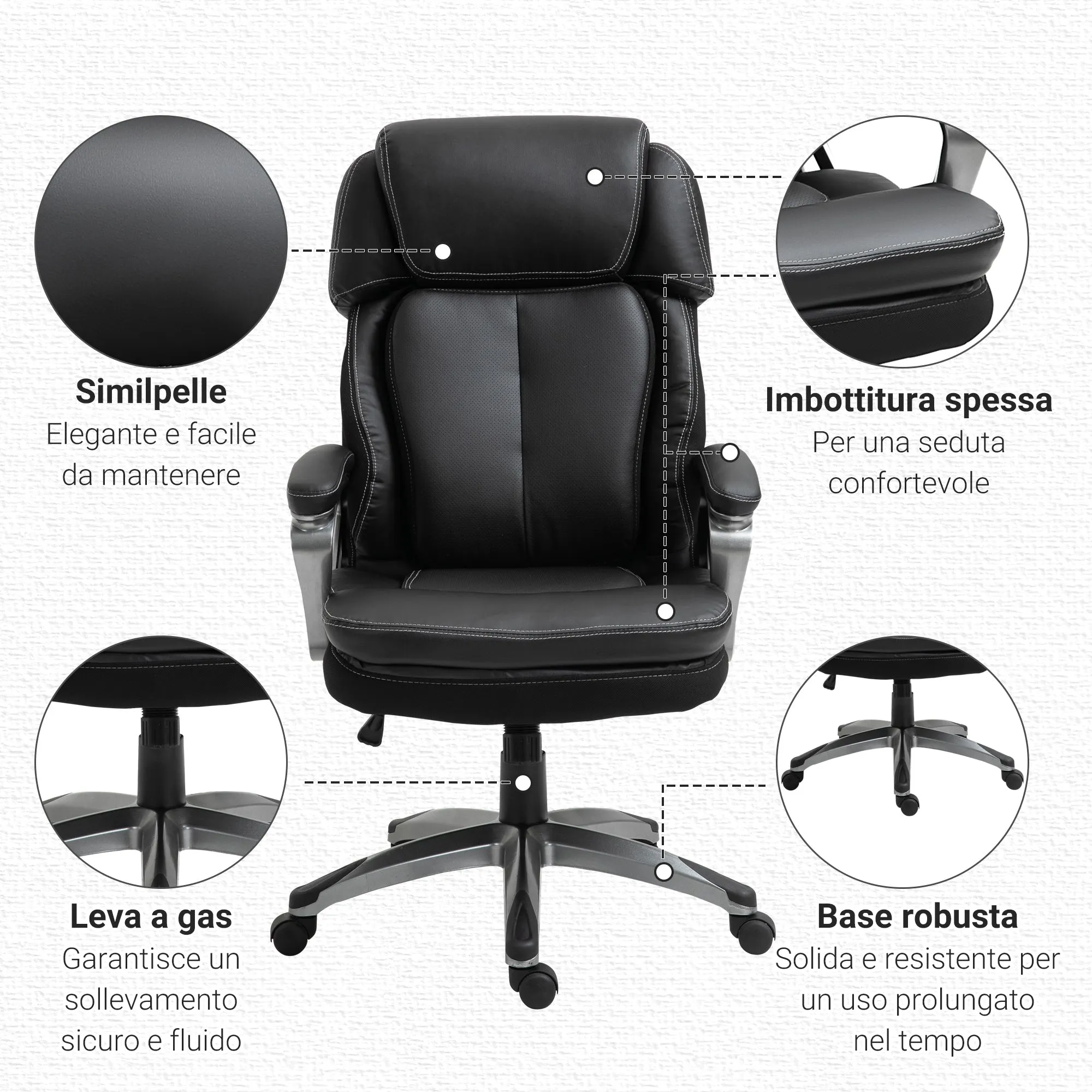 Easycomfort Poltrona da Ufficio Ergonomica con Poggiatesta, Altezza Regolabile e Dondolo, Sedia Girevole con Ruote, 68x76x117-125cm, Nero