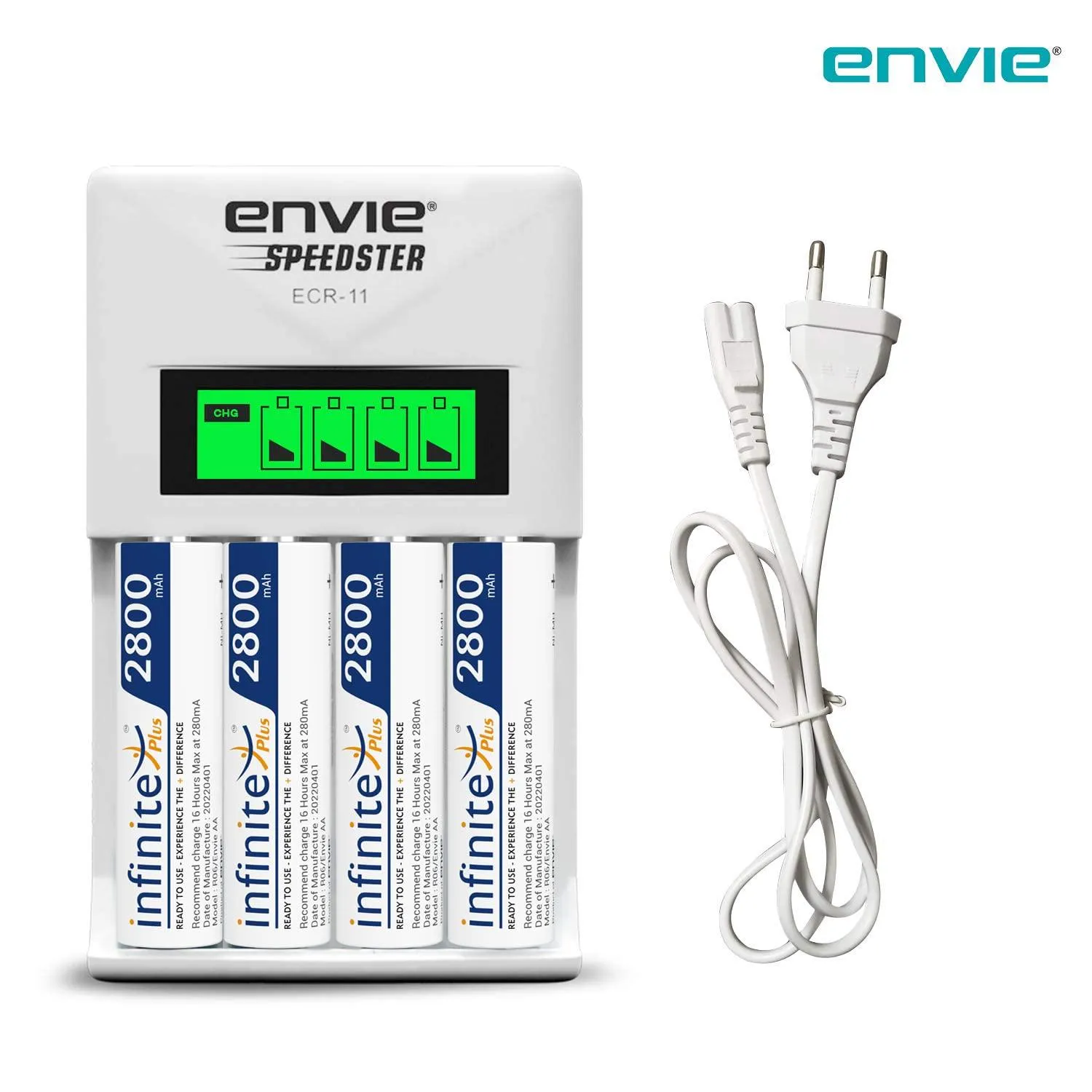 ENVIE (ECR11 AA2800 4PL) Speedster Rechargeable Batteries Charger for AA & AAA with 4x2800mah Batteries (with LCD Display)