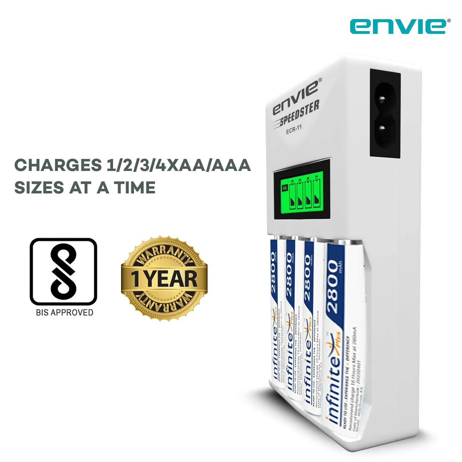ENVIE (ECR11 AA2800 4PL) Speedster Rechargeable Batteries Charger for AA & AAA with 4x2800mah Batteries (with LCD Display)