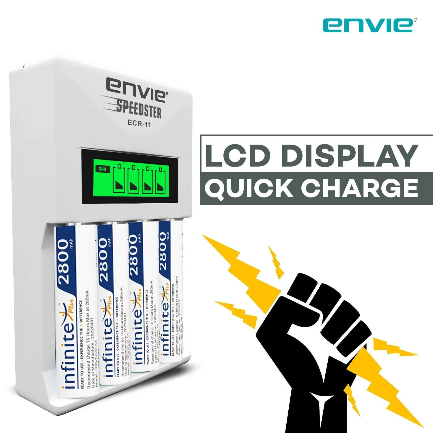 ENVIE (ECR11 AA2800 4PL) Speedster Rechargeable Batteries Charger for AA & AAA with 4x2800mah Batteries (with LCD Display)