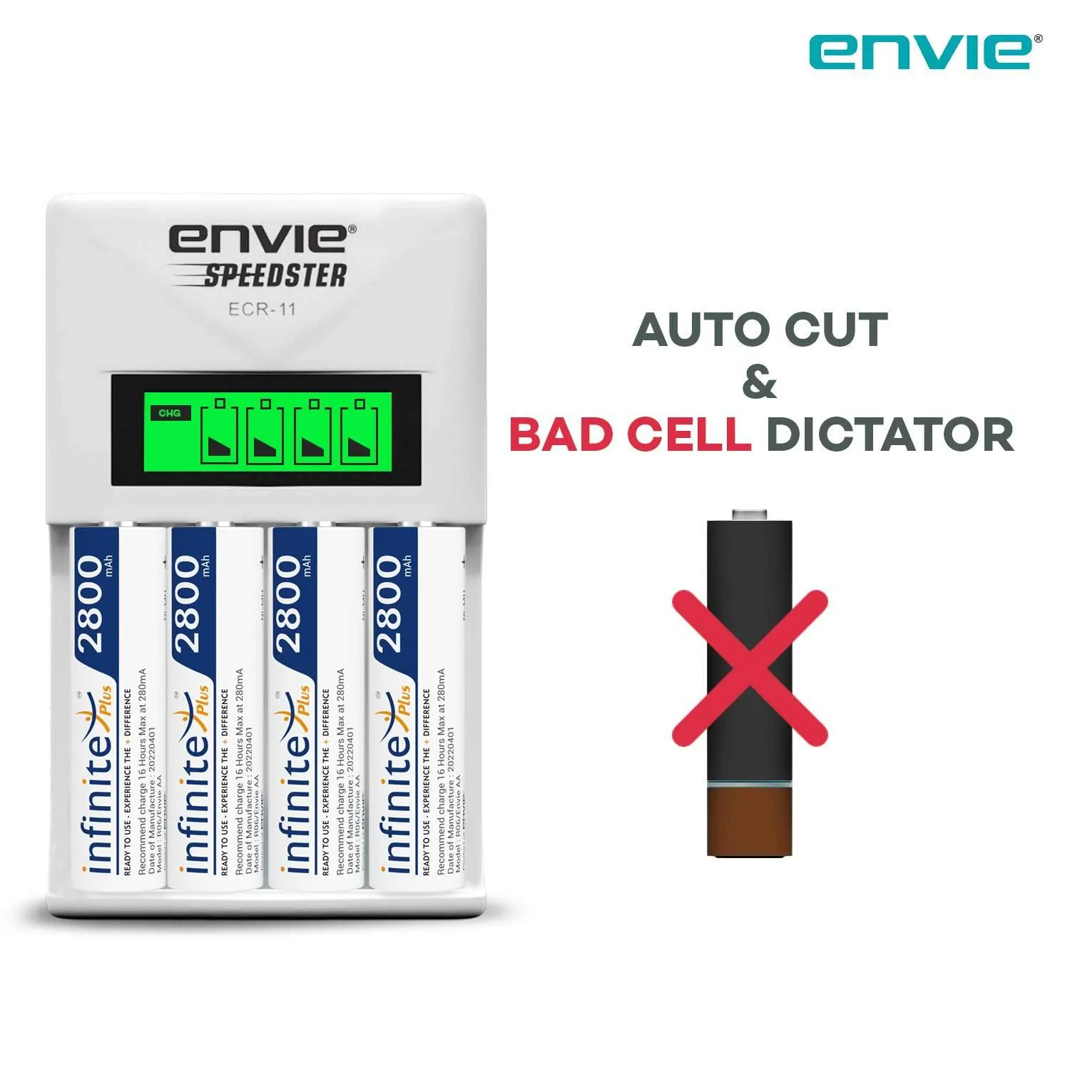 ENVIE (ECR11 AA2800 4PL) Speedster Rechargeable Batteries Charger for AA & AAA with 4x2800mah Batteries (with LCD Display)