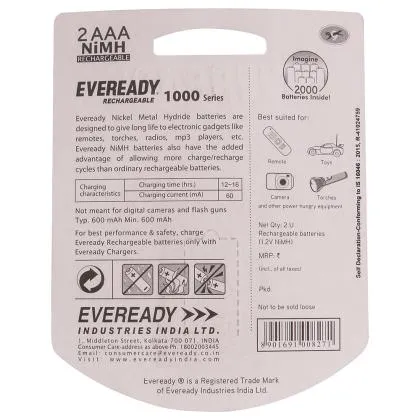 Eveready: 1000 Series Rechargeable AAA Batteries 1.2v NiMH (Pack of 2)