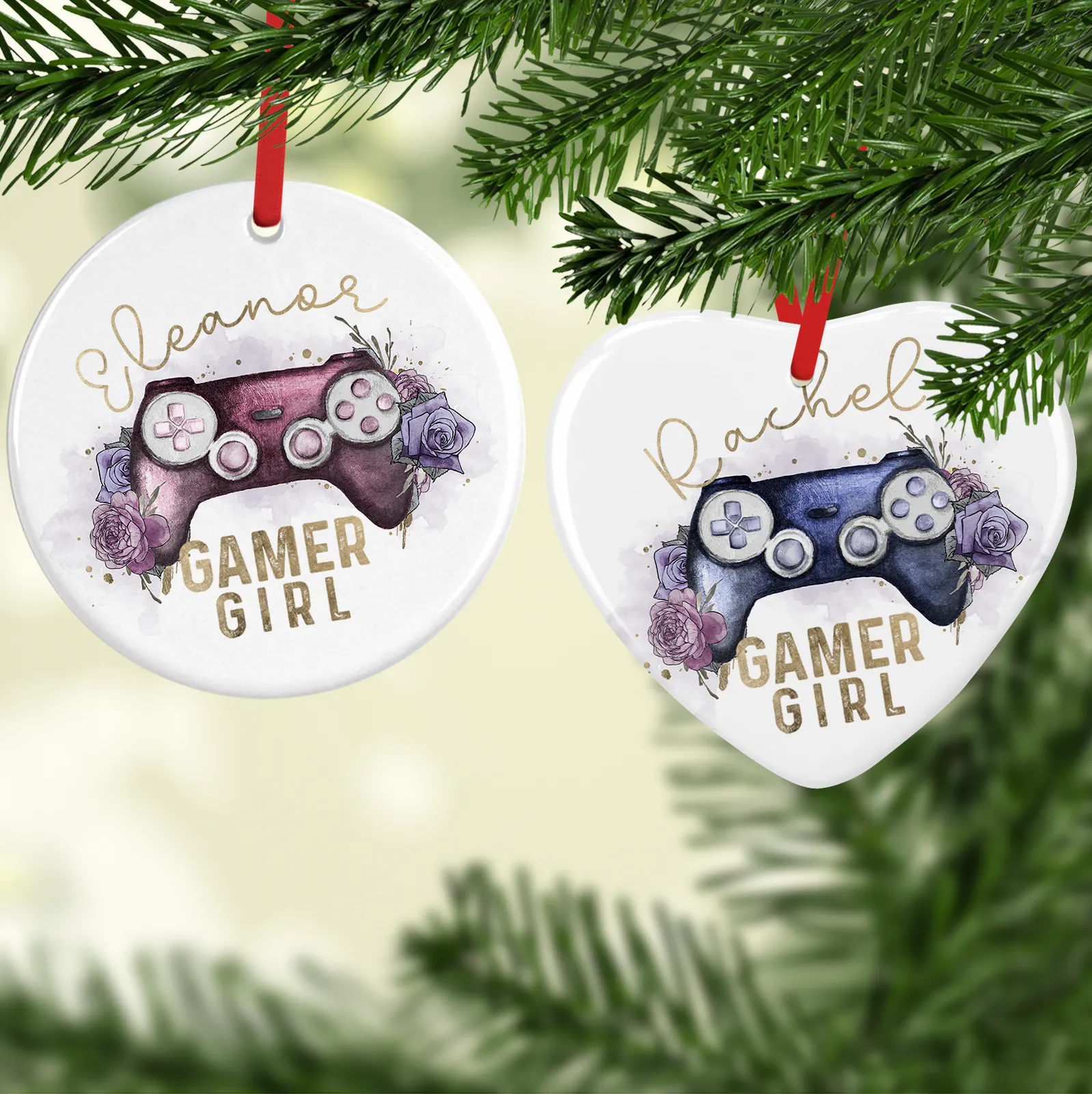 Gamer Girl Floral Watercolour Personalised Ceramic Round or Heart Christmas Bauble