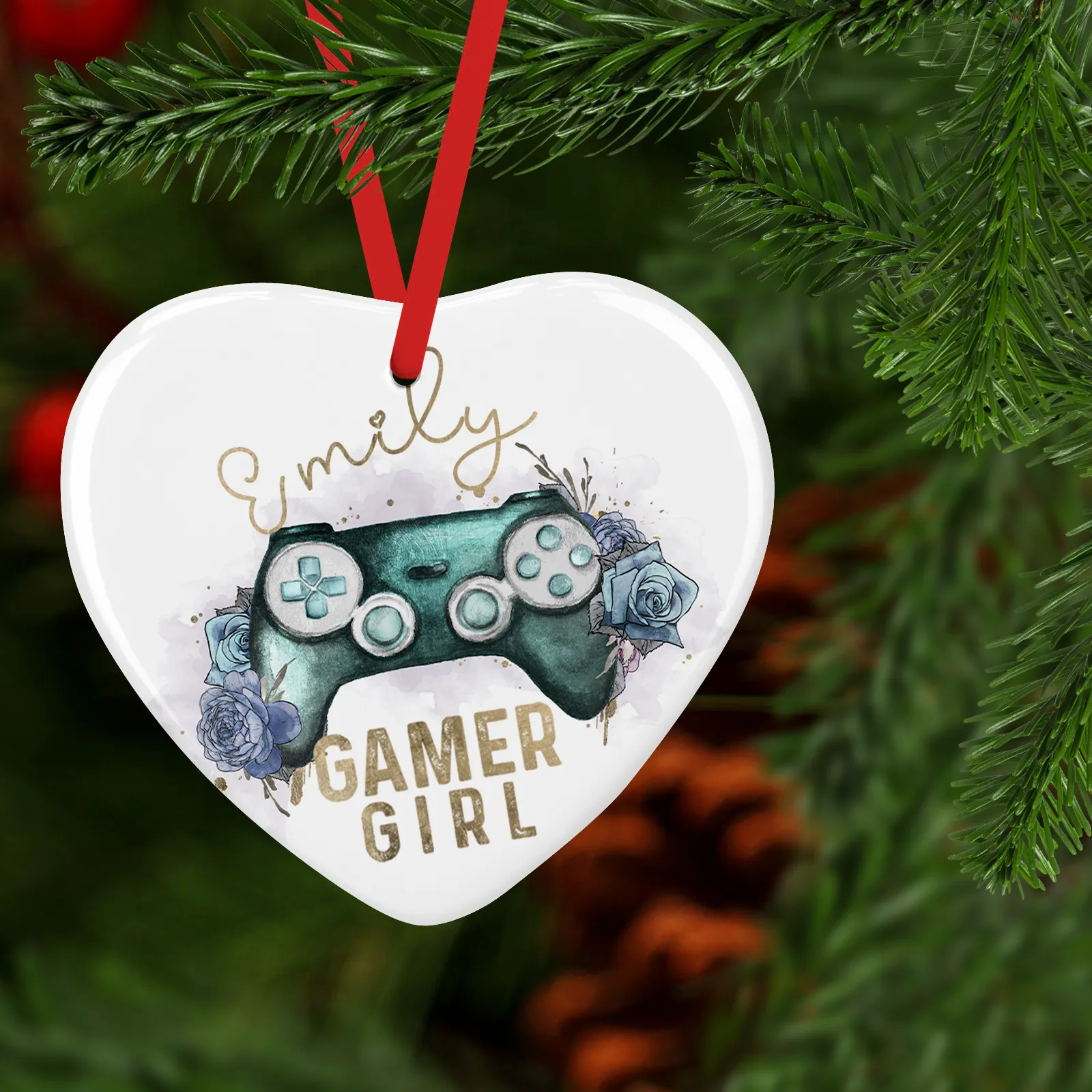 Gamer Girl Floral Watercolour Personalised Ceramic Round or Heart Christmas Bauble