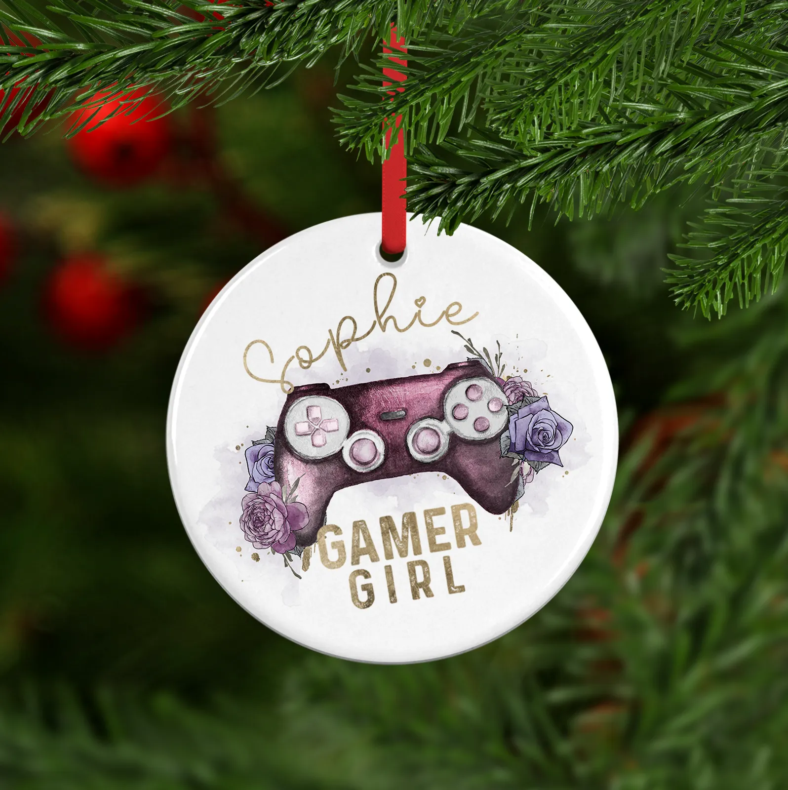Gamer Girl Floral Watercolour Personalised Ceramic Round or Heart Christmas Bauble