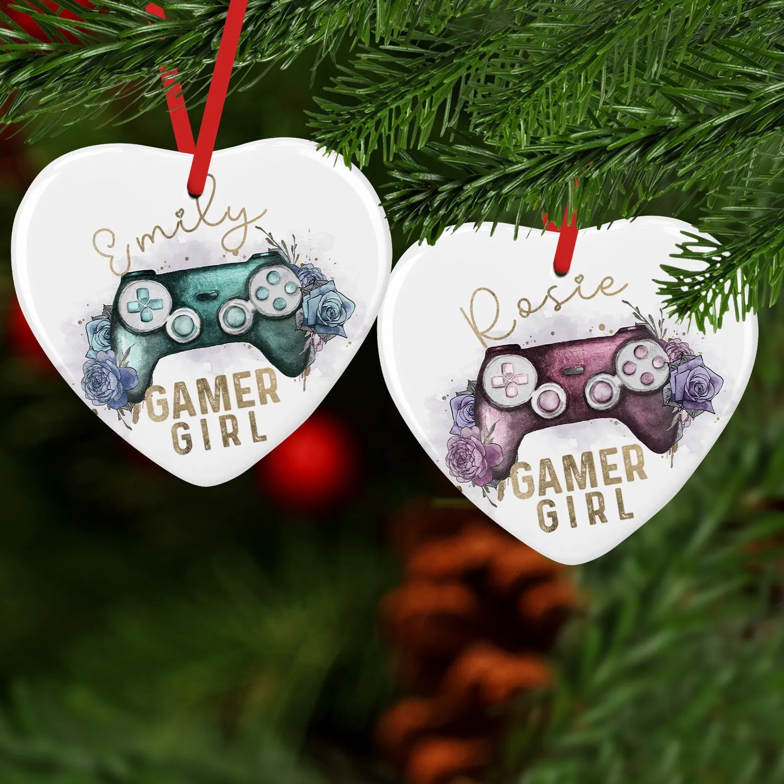 Gamer Girl Floral Watercolour Personalised Ceramic Round or Heart Christmas Bauble