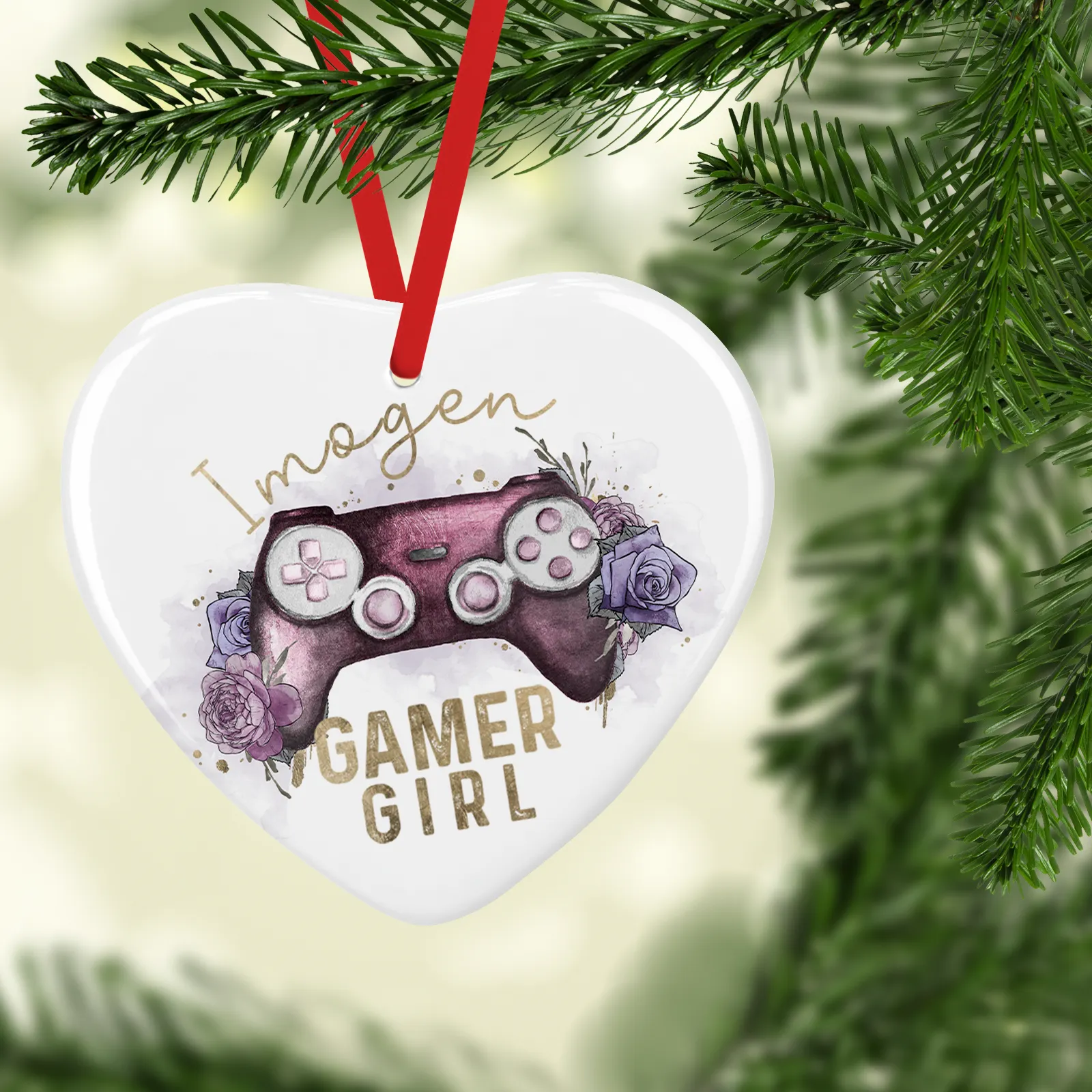 Gamer Girl Floral Watercolour Personalised Ceramic Round or Heart Christmas Bauble