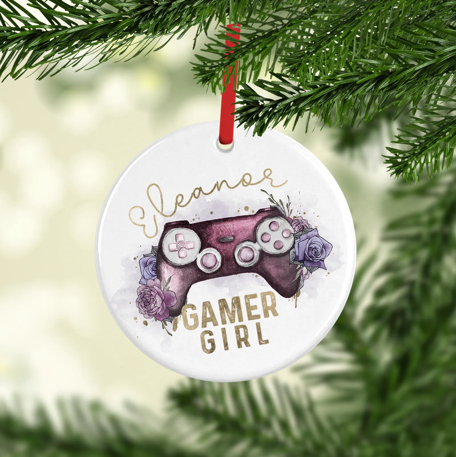 Gamer Girl Floral Watercolour Personalised Ceramic Round or Heart Christmas Bauble