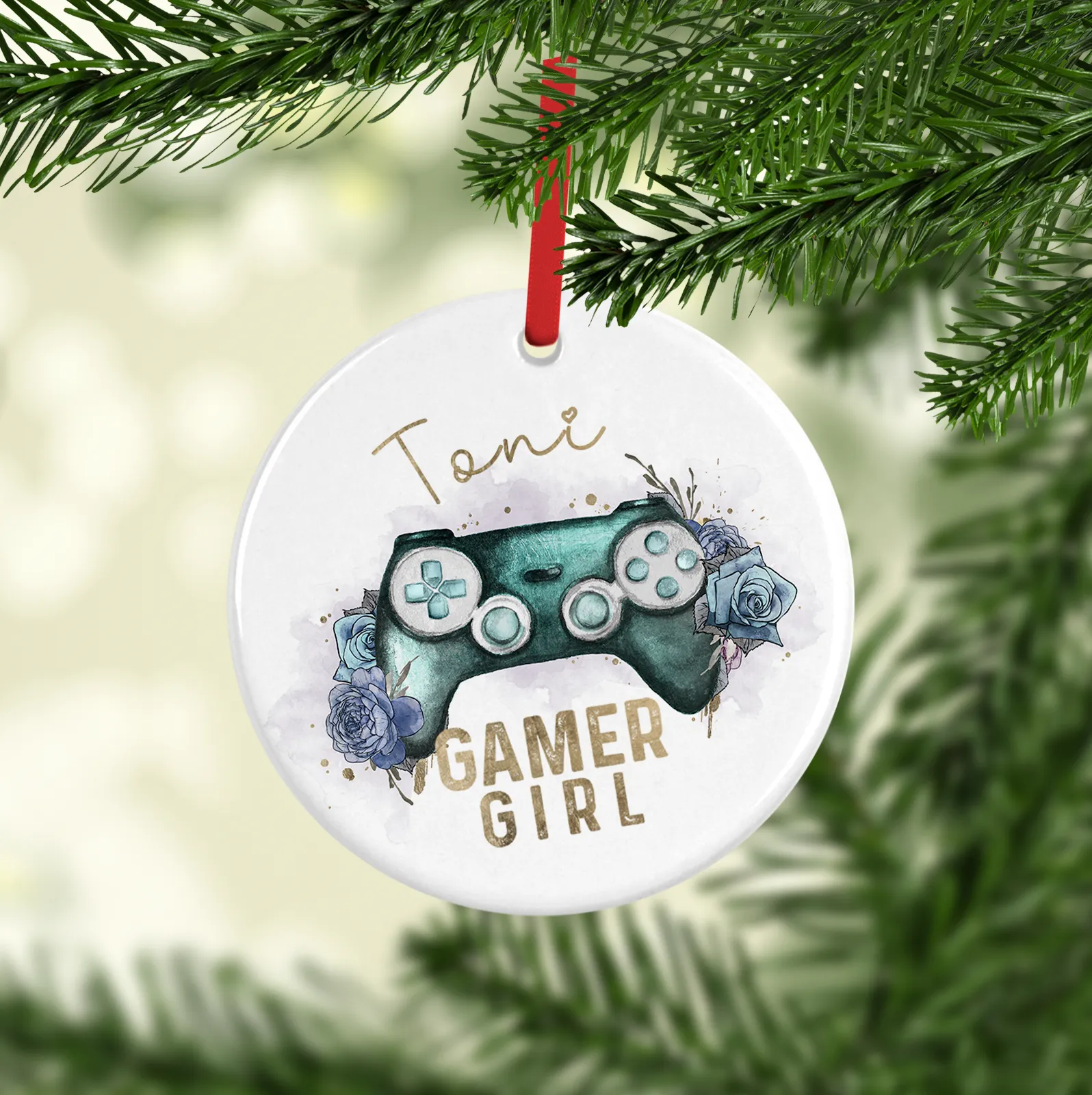 Gamer Girl Floral Watercolour Personalised Ceramic Round or Heart Christmas Bauble