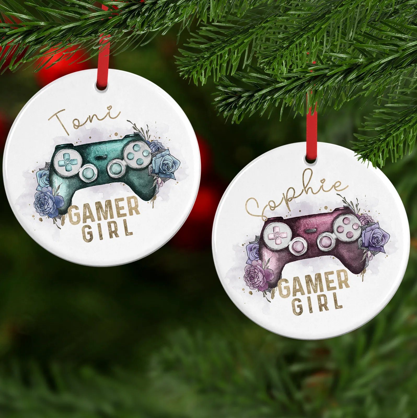 Gamer Girl Floral Watercolour Personalised Ceramic Round or Heart Christmas Bauble