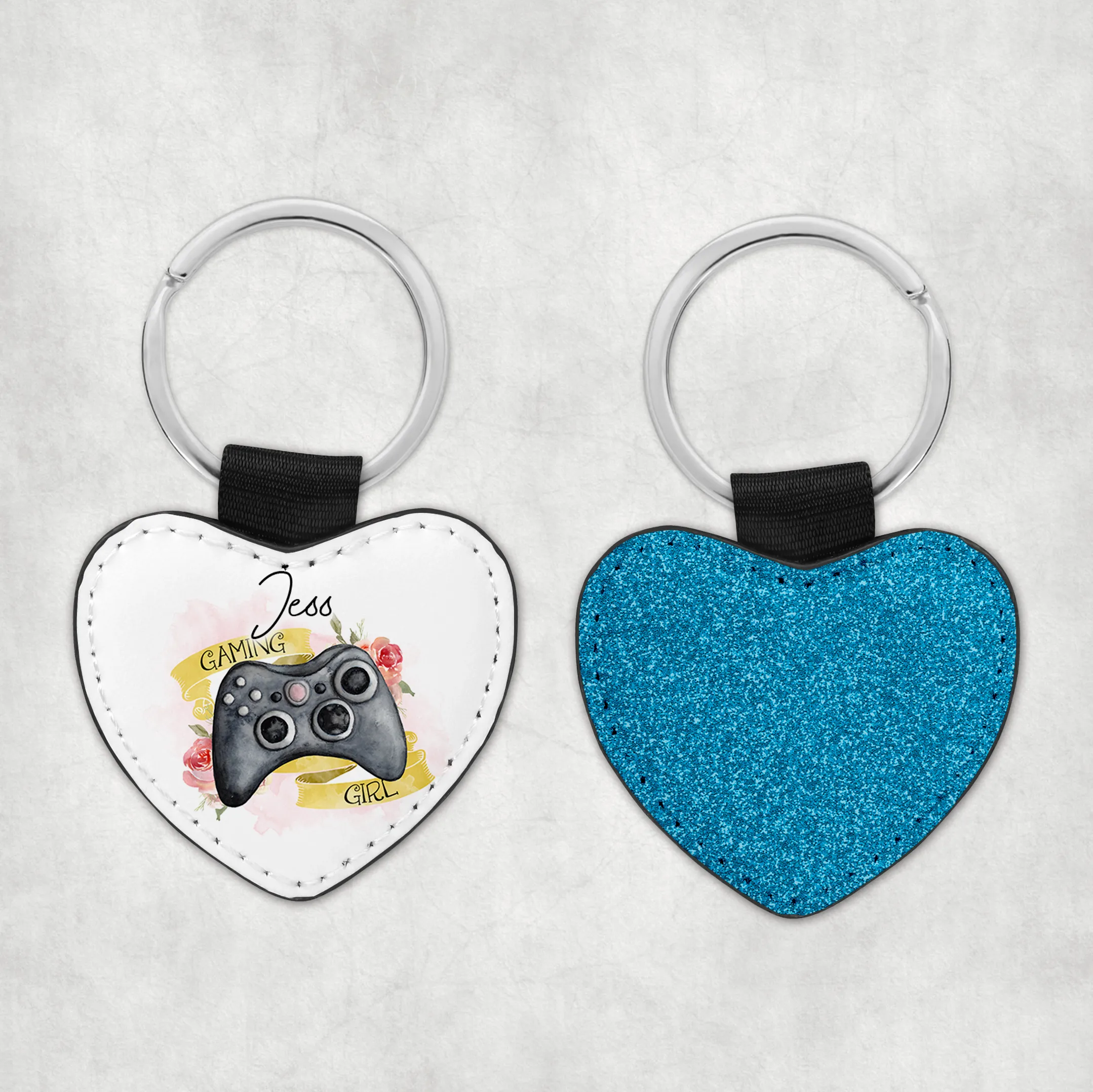 Gamer Girl Personalised Glitter Heart Keyring