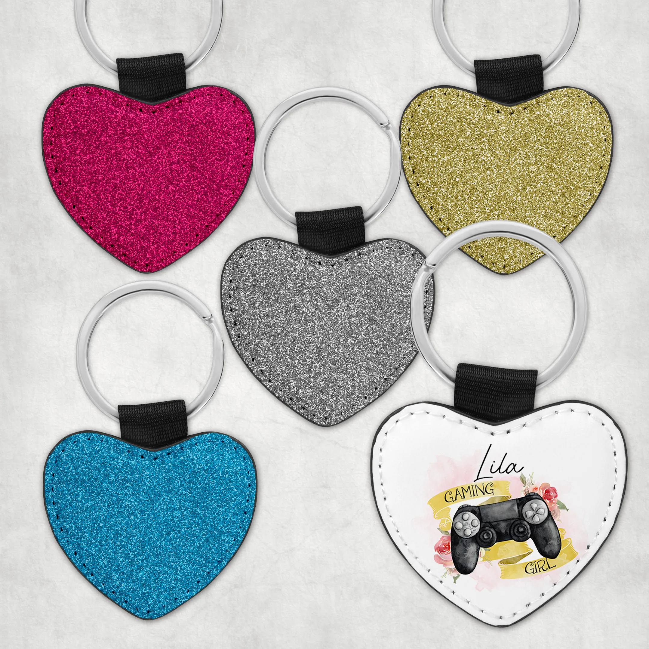 Gamer Girl Personalised Glitter Heart Keyring