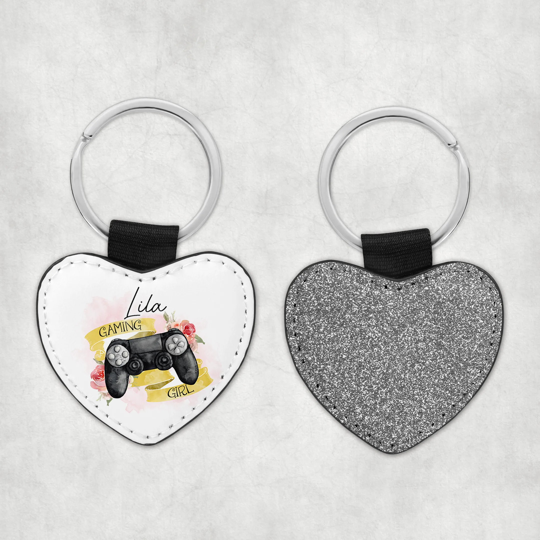 Gamer Girl Personalised Glitter Heart Keyring
