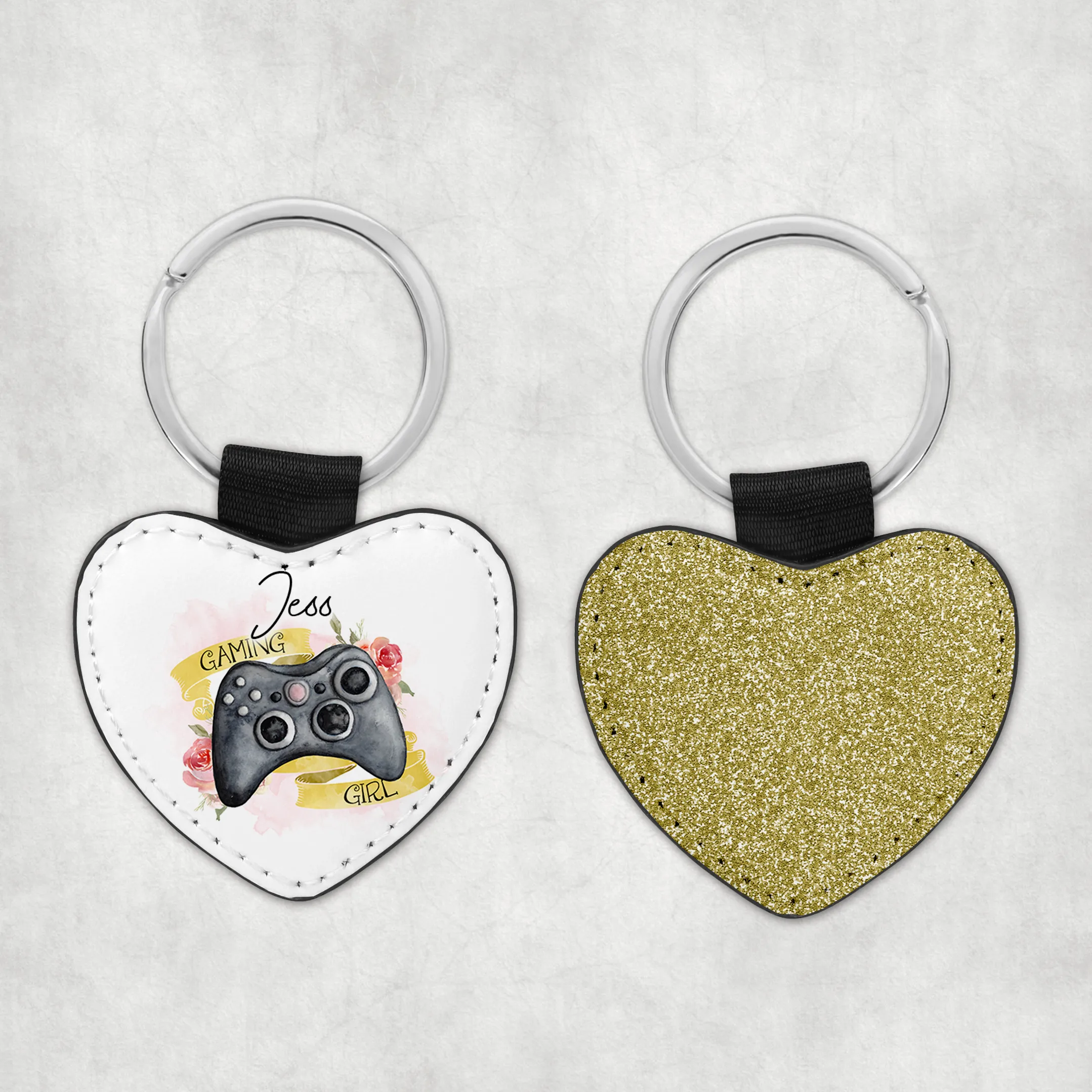 Gamer Girl Personalised Glitter Heart Keyring
