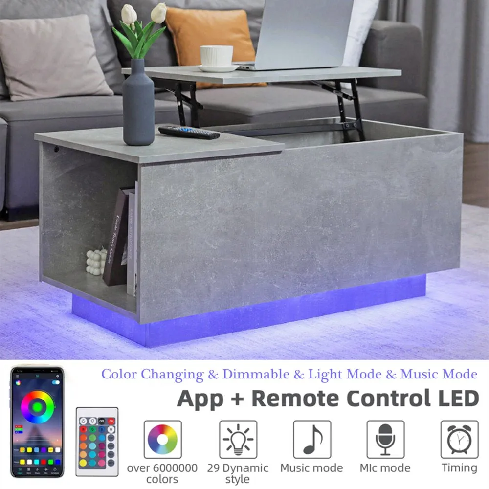Lift Top Table LED Coffee Table Hidden Compartment