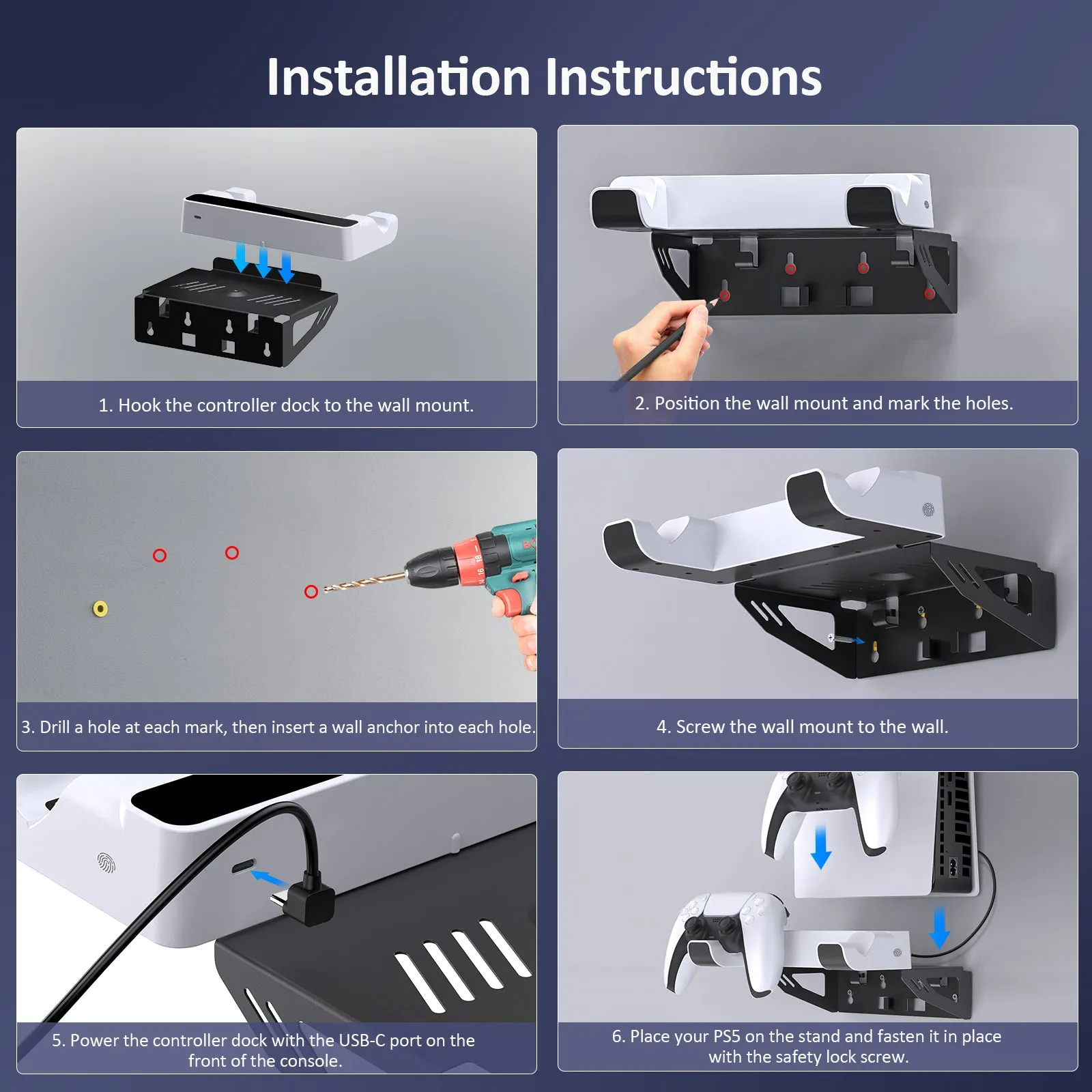 NexiGo PS5 Wall Mount Kit with Charging Station