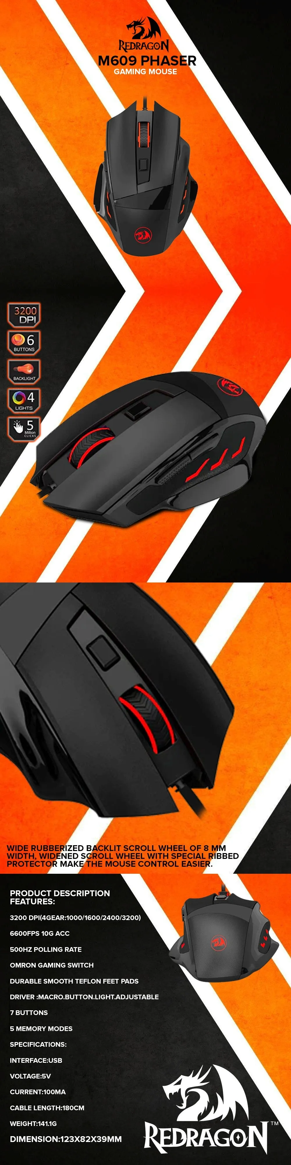 Redragon M609 PHASER Omron Switches 7 Programmable Buttons Gaming Mouse