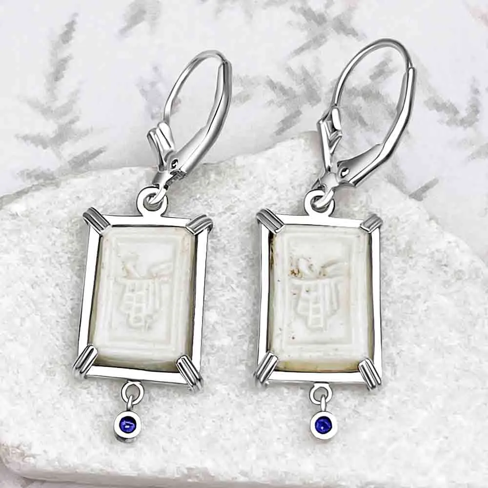Siam Porcelain Gaming Token - from the Era of "The King & I" - Sterling Silver Earrings with Genuine Sapphires | Artifact #8086