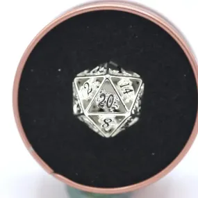 Single Hollow Metal Dragon Polyhedral d20 Dice - Shiny Silver With Black Enamel