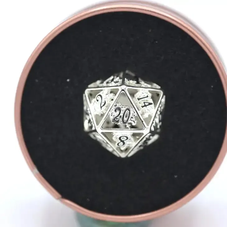 Single Hollow Metal Dragon Polyhedral d20 Dice - Shiny Silver With Black Enamel