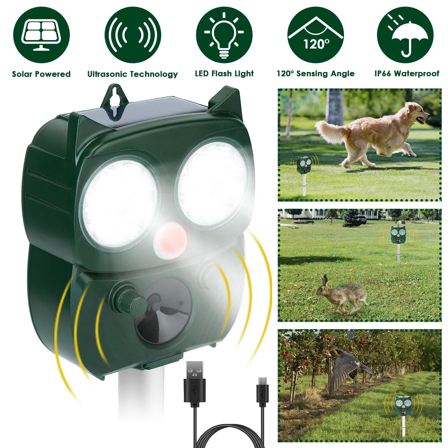 Solar Powered Ultrasonic Animal Repeller PIR Motion Sensor