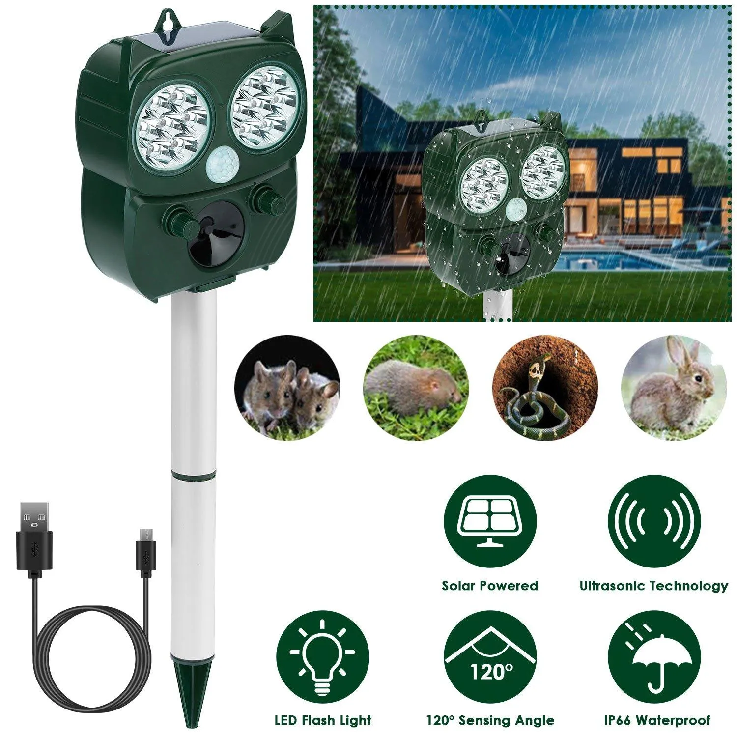 Solar Powered Ultrasonic Animal Repeller PIR Motion Sensor