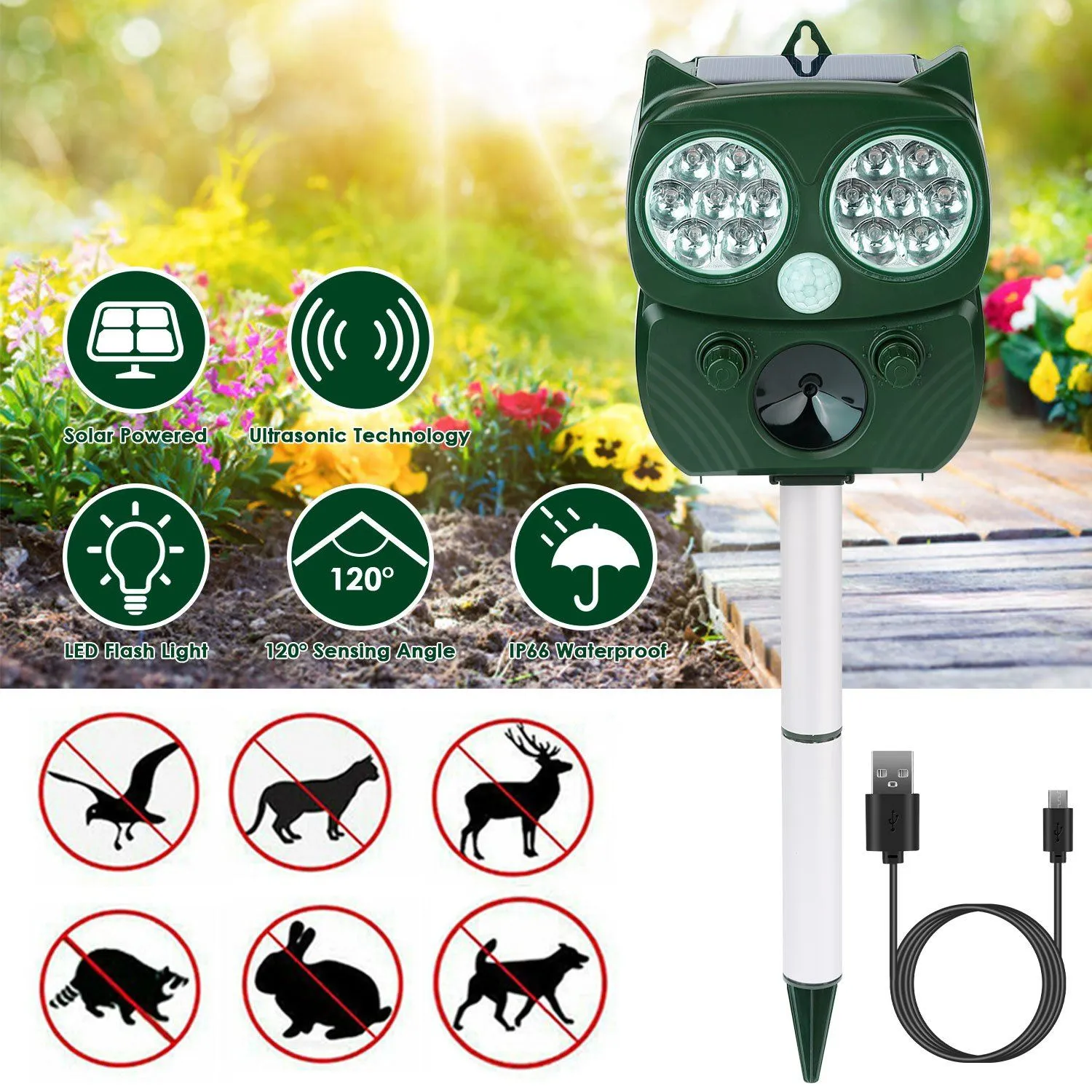 Solar Powered Ultrasonic Animal Repeller PIR Motion Sensor
