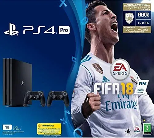 Sony PlayStation 4 Pro 1TB with 2 DUALSHOCK 4 Controllers, FIFA 18  - Black