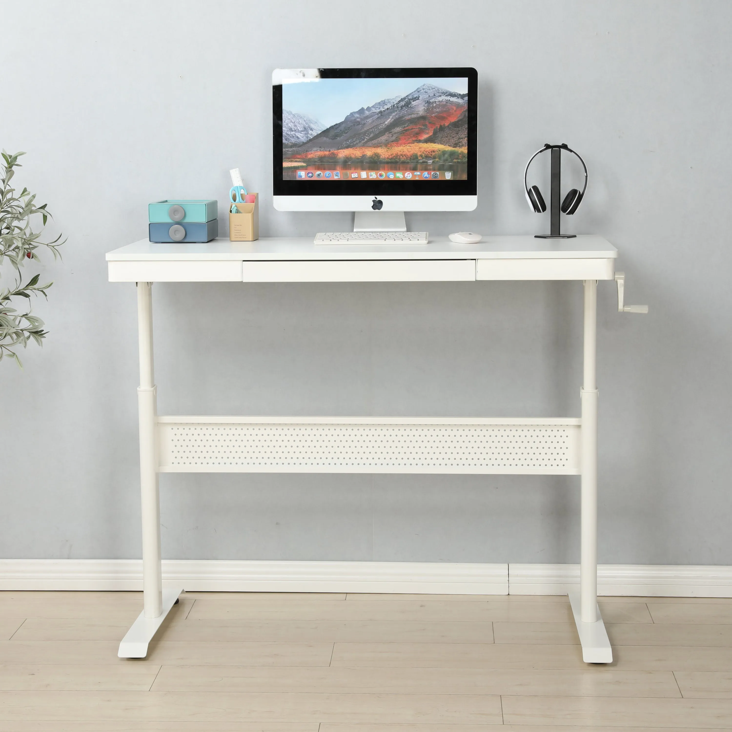 Standing Desk with Metal Drawer Adjustable Height (White Tabletop)