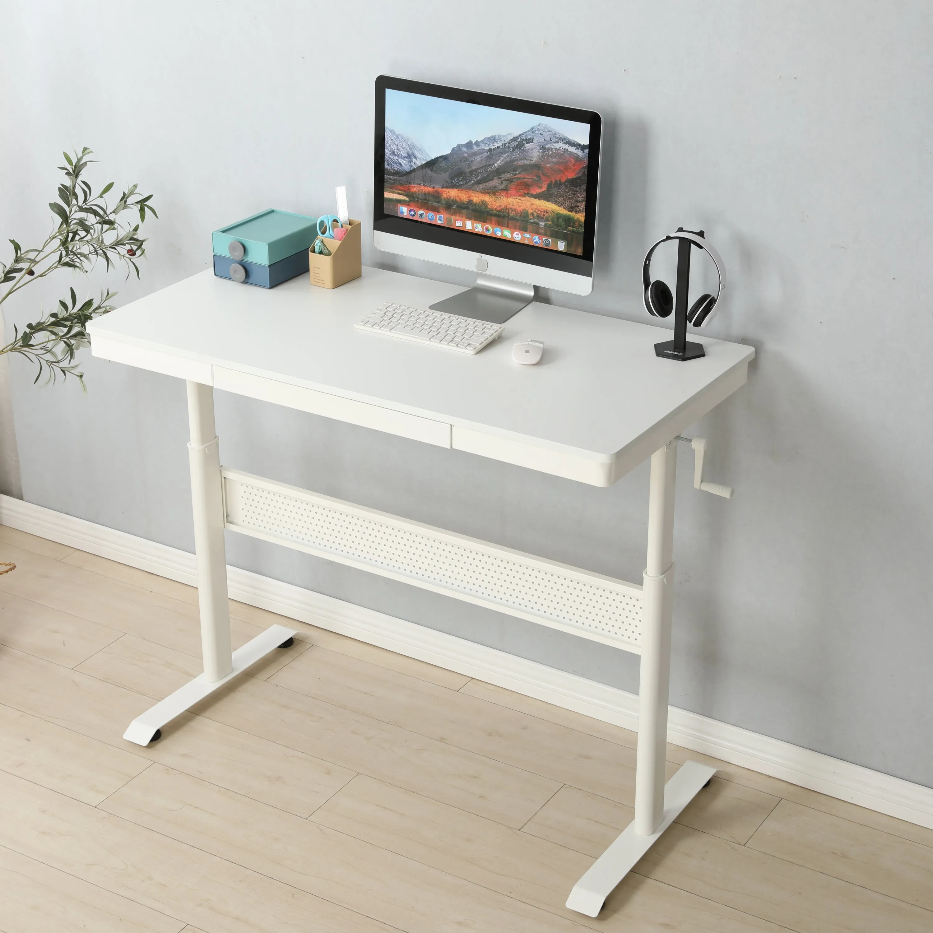 Standing Desk with Metal Drawer Adjustable Height (White Tabletop)