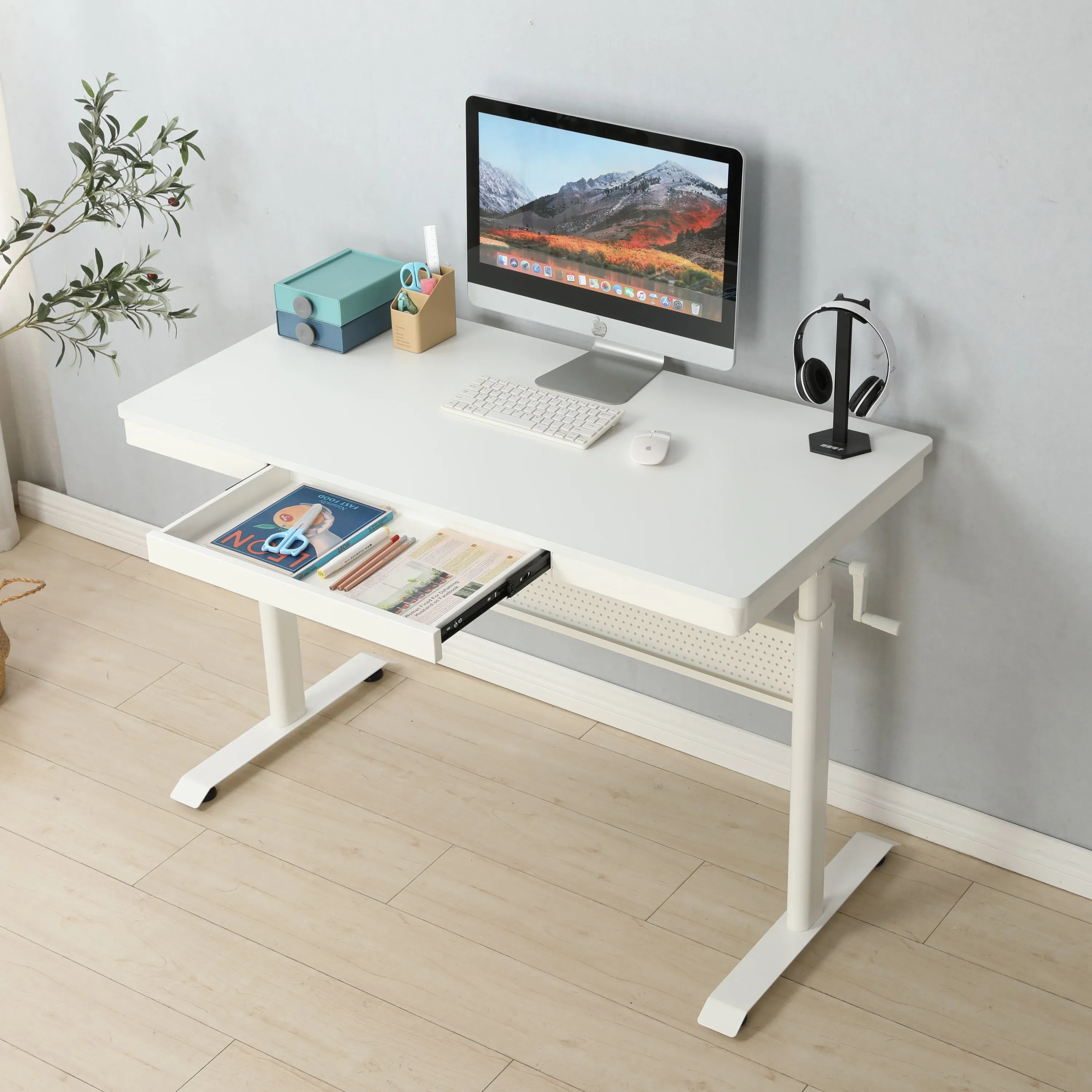 Standing Desk with Metal Drawer Adjustable Height (White Tabletop)