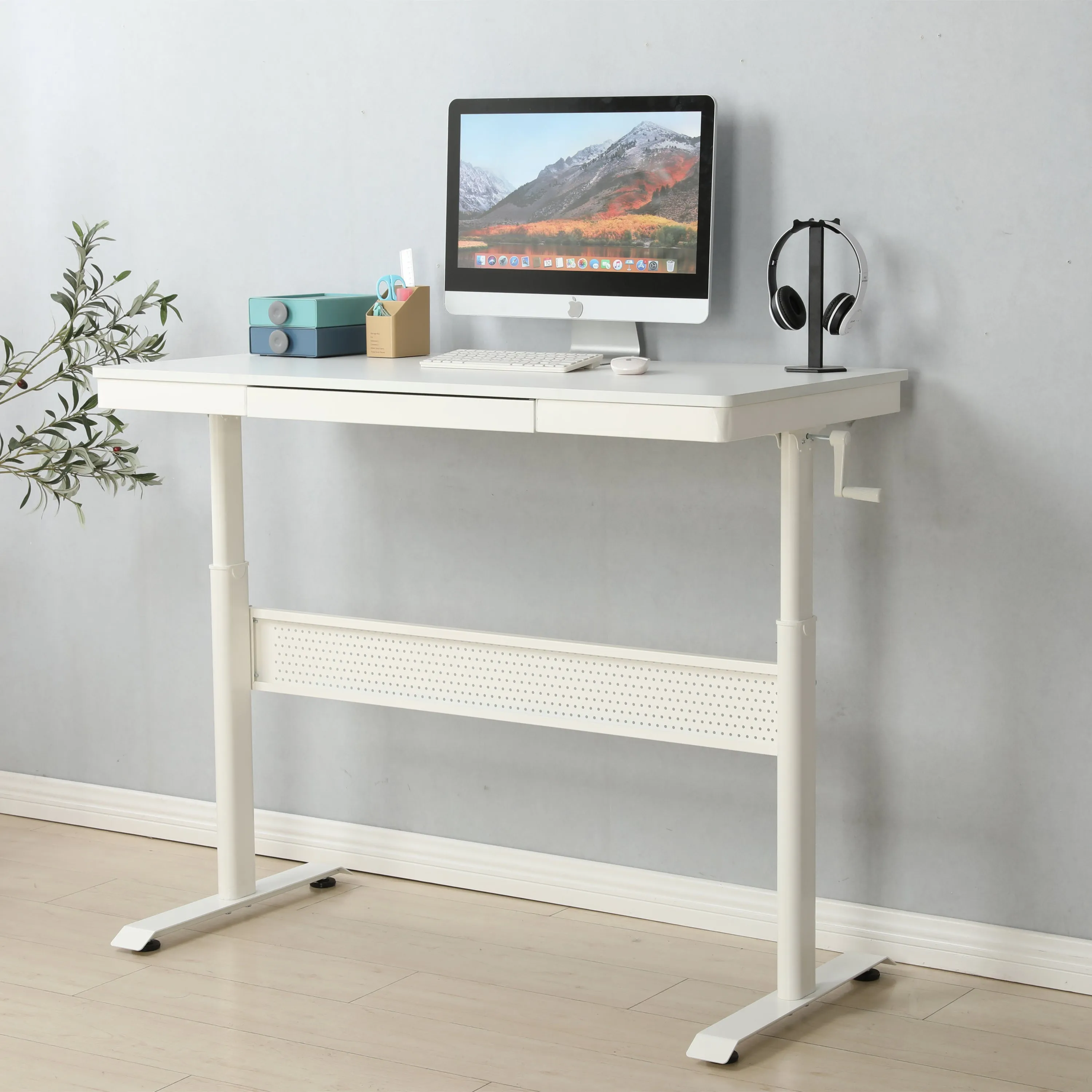 Standing Desk with Metal Drawer Adjustable Height (White Tabletop)