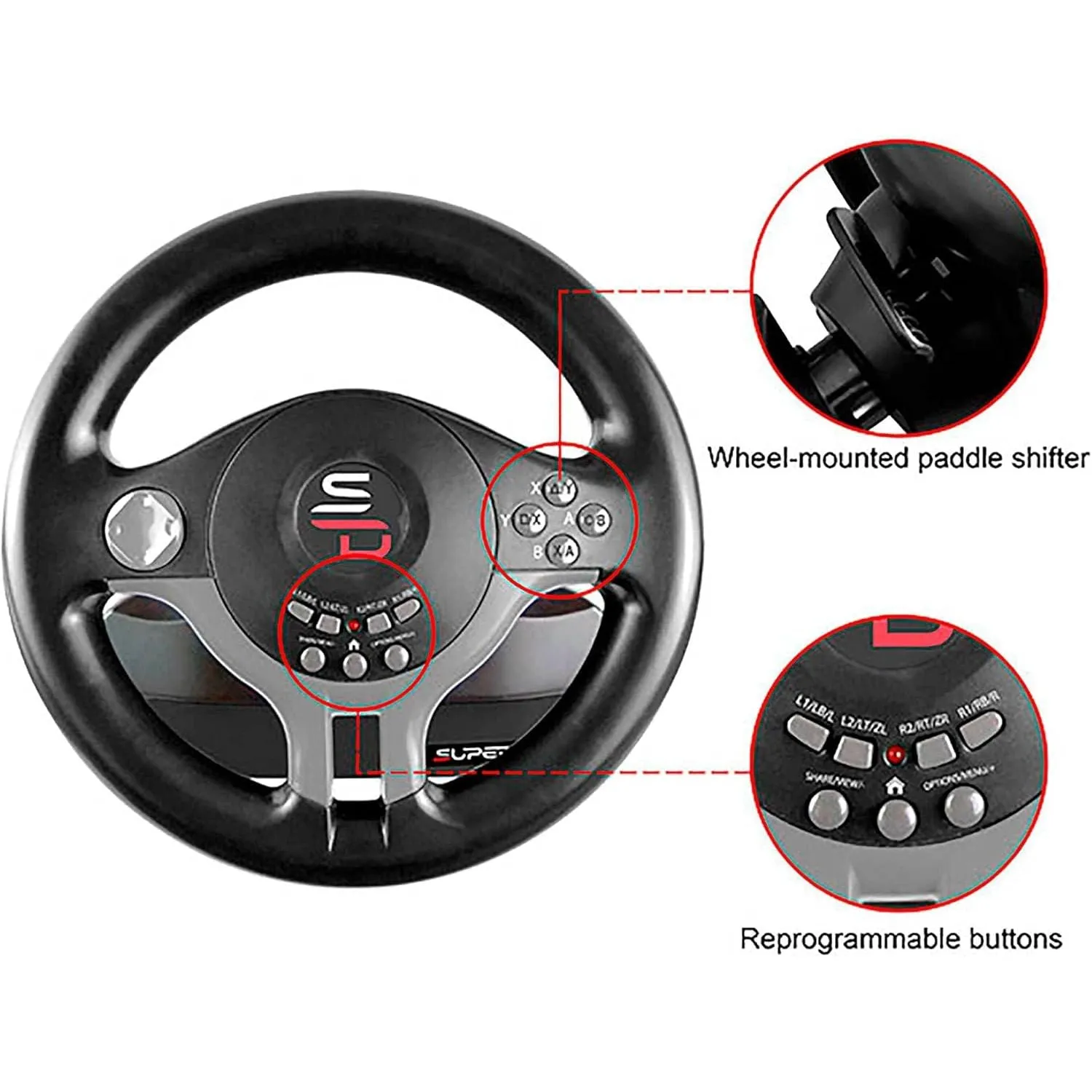 Subsonic Superdrive SV250 Racing Steering Wheel with Pedals & Shift Paddles for Nintendo Switch, PS4, Xbox One, and PC