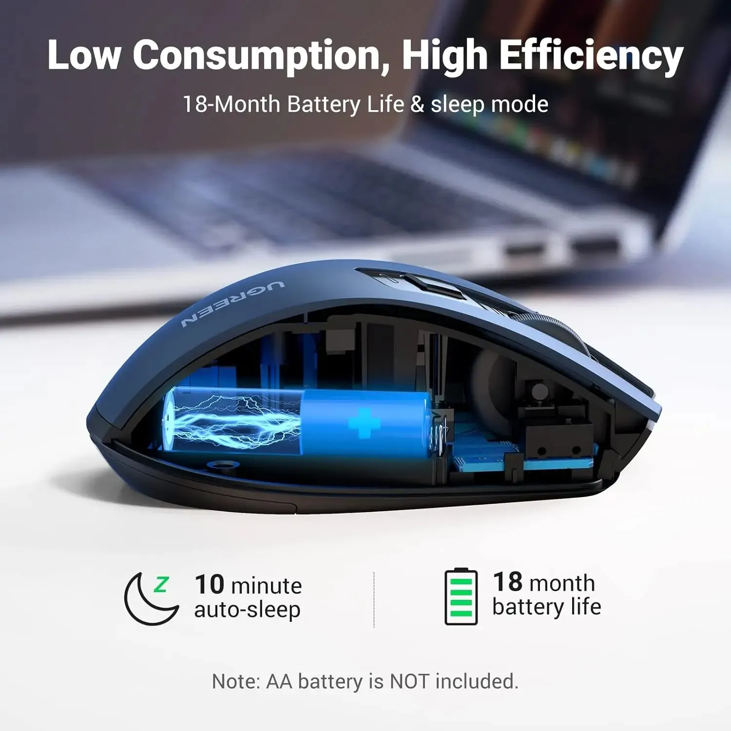 UGREEN Ergonomic 5-Level 2.4G Wireless Mouse With 4000 DPI 6 Buttons USB Cordless Silent Mice with Nano Receiver for Laptop, Computer, PC, MacBook, Chromebook - Blue (15064)