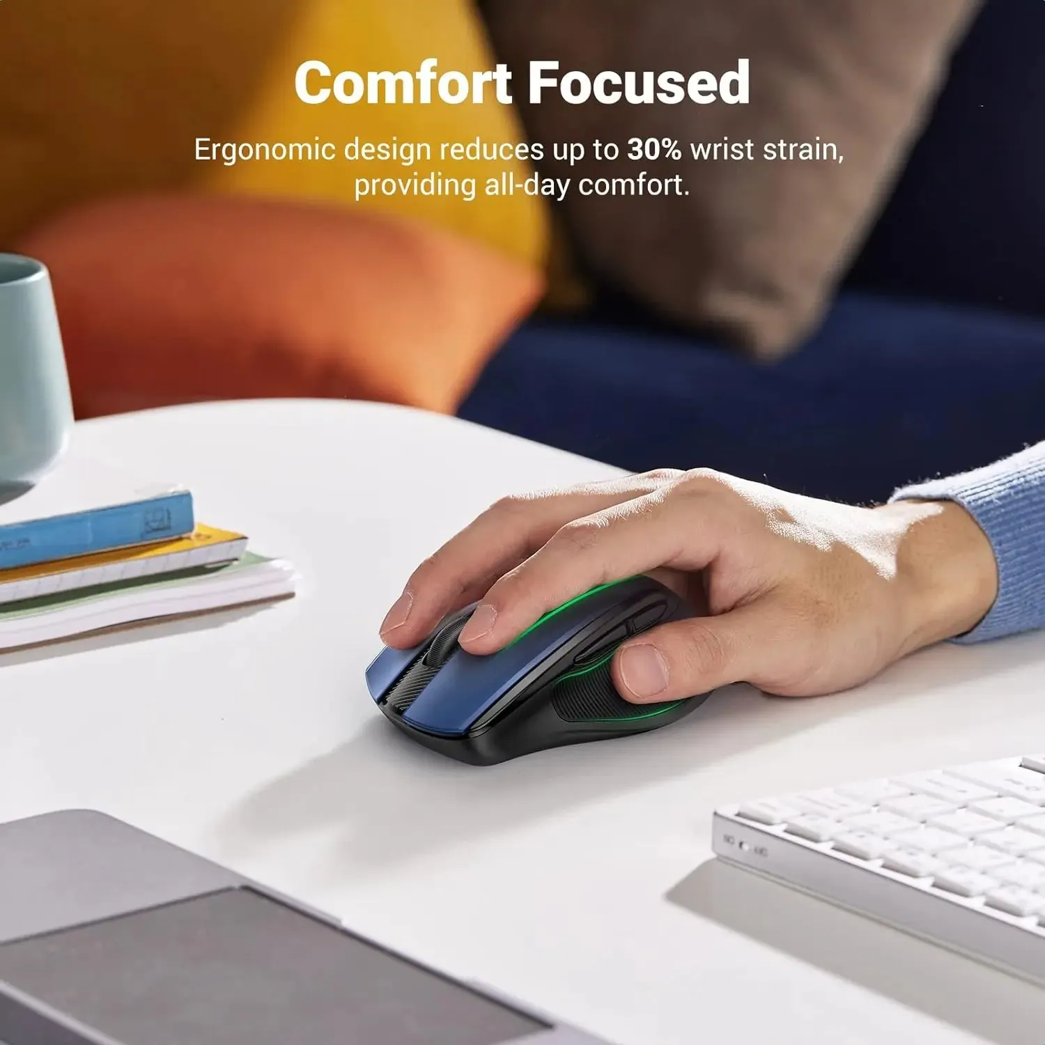 UGREEN Ergonomic 5-Level 2.4G Wireless Mouse With 4000 DPI 6 Buttons USB Cordless Silent Mice with Nano Receiver for Laptop, Computer, PC, MacBook, Chromebook - Blue (15064)