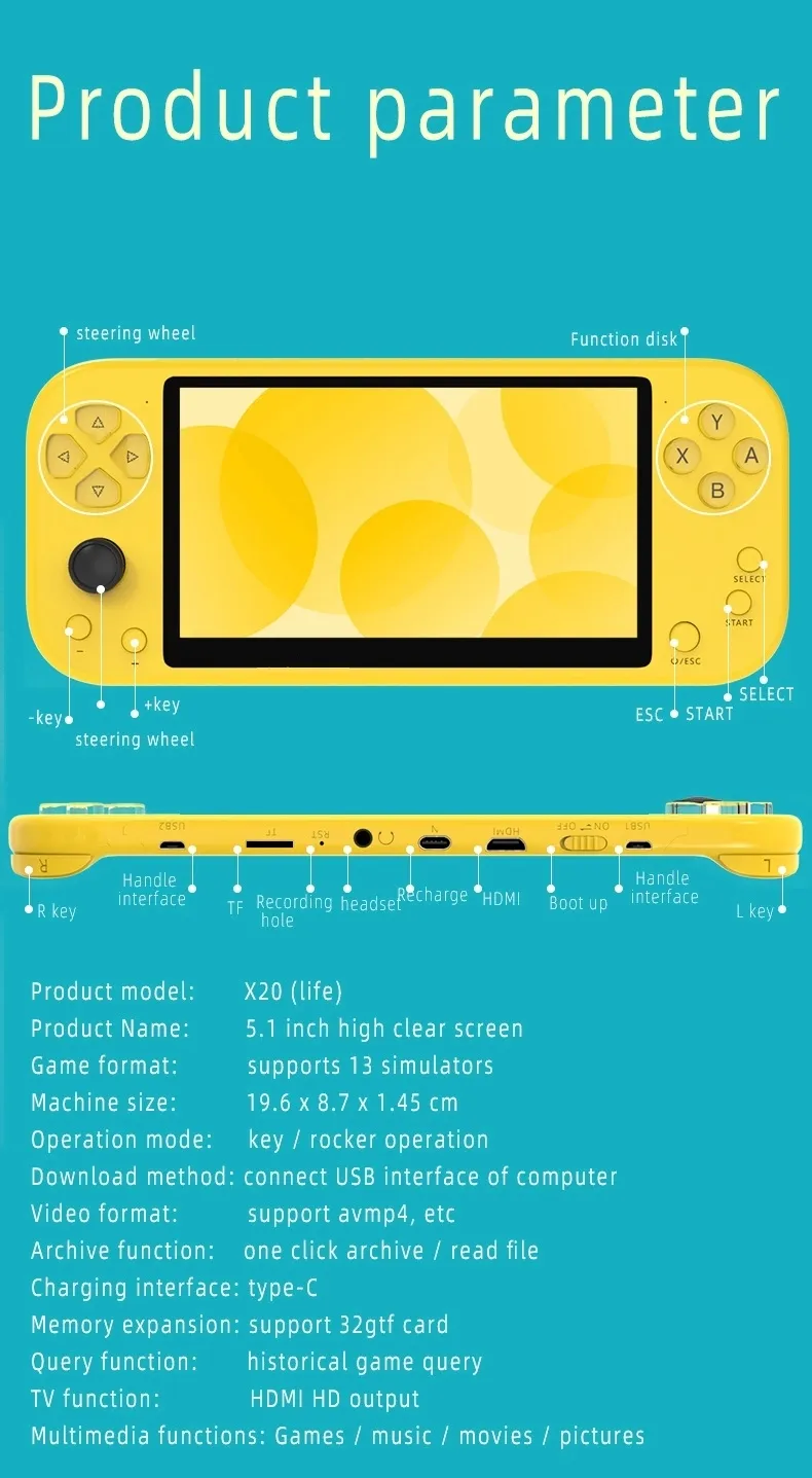 X20 Retro Video Game Console 5.1 Inch Display Screen 8GB Classic Handheld Gaming Consoles 8Bit Game Player