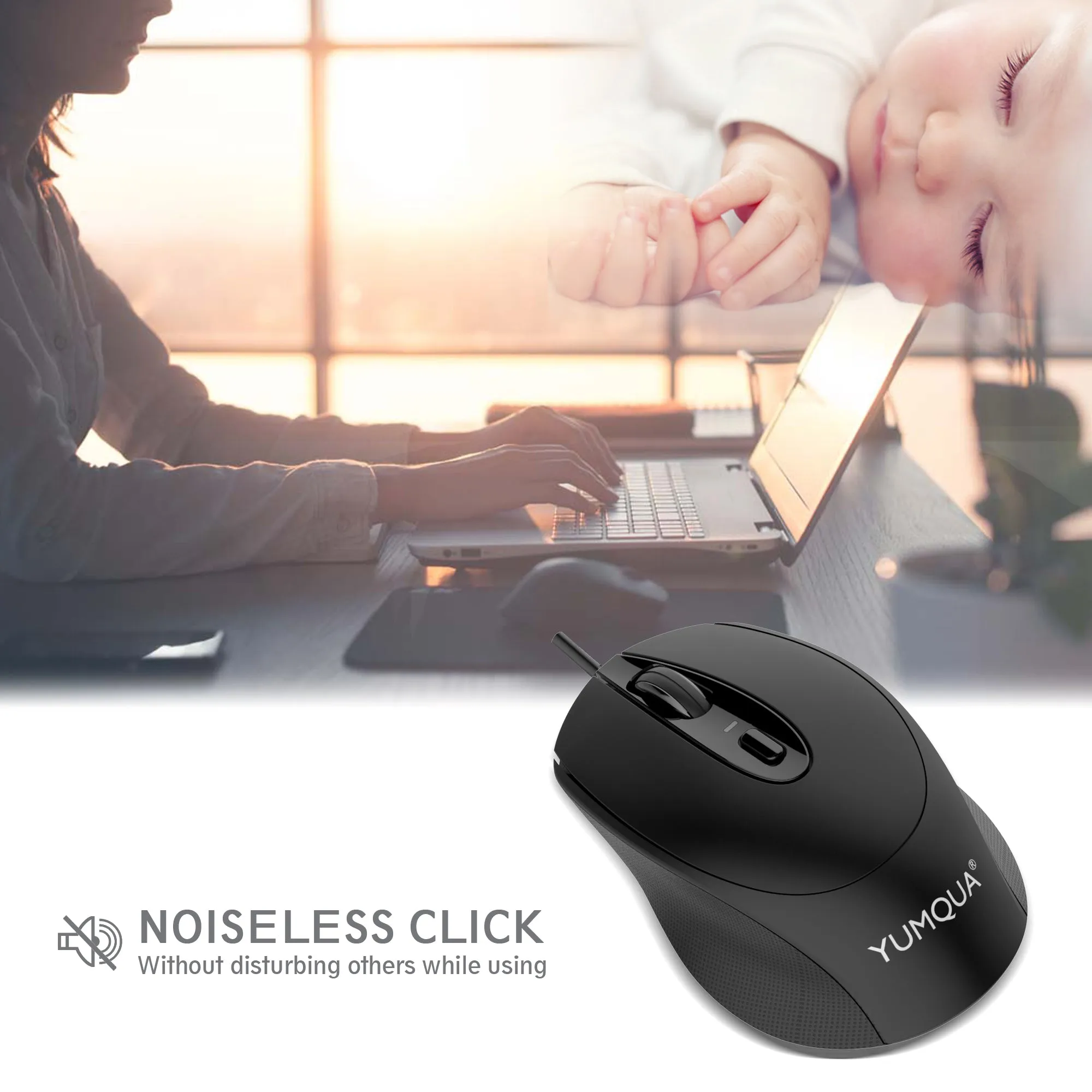 YUMQUA G222 Silent Mouse USB Wired, Office & Home Optical Computer Mouse with 2 Adjustable DPI Levels(800/1200), 4-Button Mouse for PC MacBook Laptop, Fits Left & Right Handed Users