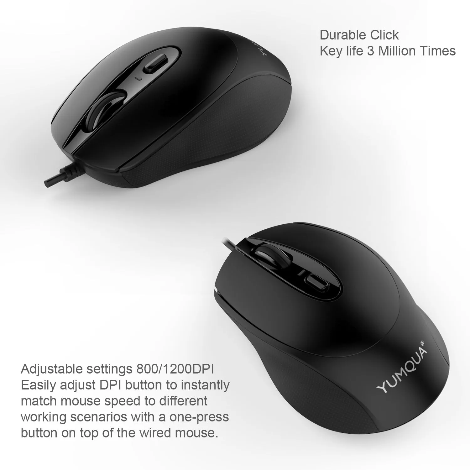 YUMQUA G222 Silent Mouse USB Wired, Office & Home Optical Computer Mouse with 2 Adjustable DPI Levels(800/1200), 4-Button Mouse for PC MacBook Laptop, Fits Left & Right Handed Users